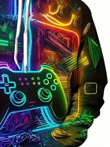 数码印花男士街头风连帽衫，袋鼠口袋赛博朋克风格游戏手柄设计，秋冬季休闲运动连帽卫衣，适合户外活动，是馈赠佳品。 - 彩色 - 查看 3