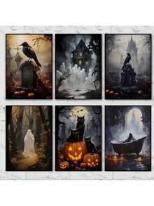 1 件复古黑暗学院哥特式幽灵猫乌鸦海报和印刷品帆布画墙壁艺术万圣节图片适用于房间家居装饰无框架万圣节派对、圣诞节装饰 - 彩色 - 查看 10