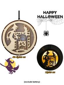 1 件万圣节圆形木质装饰灯，空心 LED 氛围灯（不含电池），万圣节装饰品，黑猫，南瓜，小鬼元素装饰品，窗户墙壁装饰 - 彩色 - 查看 11