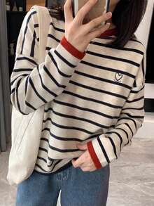 Women Contrast Trim Classic Striped Crew Neck Sweater