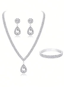 1pc Luxurious Double-Layer Rhinestone-Encrusted Waterdrop Pendant Necklace, 1 Pair Elegant Full Rhinestone Pendant Earrings, 1pc Exquisite Double-Layer Rhinestone Bracelet - 4pcs Bridal Wedding Jewelry Set For Wedding, Formal Events, Parties, Daily Wear, Holidays