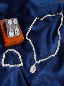 1pc Luxurious Double-Layer Rhinestone-Encrusted Waterdrop Pendant Necklace, 1 Pair Elegant Full Rhinestone Pendant Earrings, 1pc Exquisite Double-Layer Rhinestone Bracelet - 4pcs Bridal Wedding Jewelry Set For Wedding, Formal Events, Parties, Daily Wear, Holidays