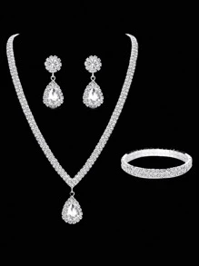 1pc Luxurious Double-Layer Rhinestone-Encrusted Waterdrop Pendant Necklace, 1 Pair Elegant Full Rhinestone Pendant Earrings, 1pc Exquisite Double-Layer Rhinestone Bracelet - 4pcs Bridal Wedding Jewelry Set For Wedding, Formal Events, Parties, Daily Wear, Holidays