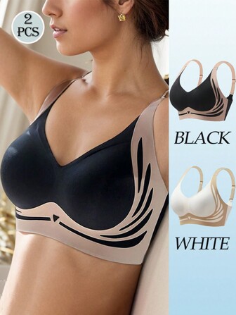 2pcs/Set Black & White Seamless Contrast Color Sports Bras For Women, Supportive With Side Smoothing, Breathable And Cool