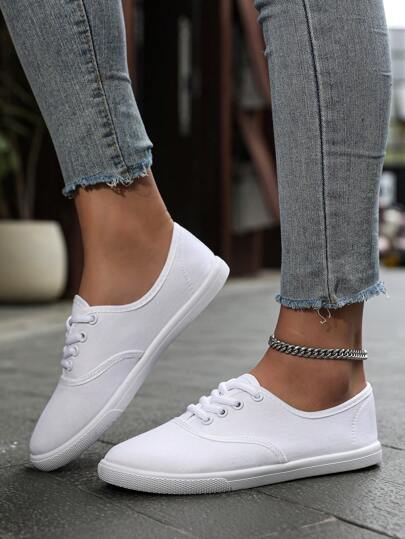 Women's Solid Color Canvas Flat Shoes, Round Toe Breathable And Slip-Resistant Lace-Up Shoes, Classic Plain Low-Top Casual Shoes With Laces, Comfortable Women's Footwear