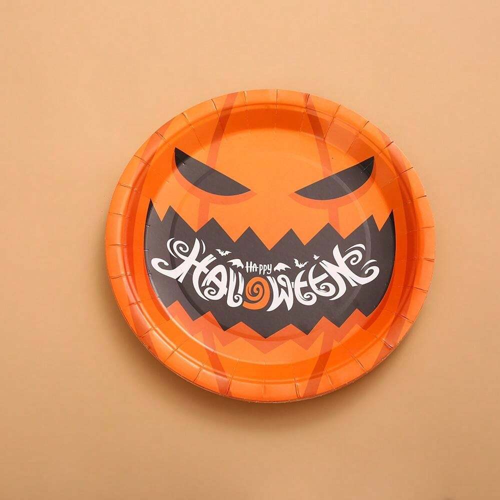 1set Halloween Party Disposable Plates, Paper Cups, Pumpkin & Bat