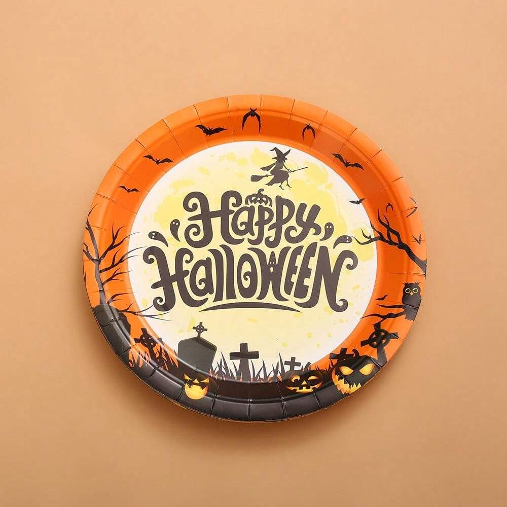 1set Halloween Party Disposable Plates, Paper Cups, Pumpkin & Bat