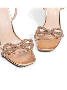 Giày cao gót đính đá pha lê nơ cho nữ thời trang mũi vuông đính đá Rhinestone quai mắt cá chân cho phong cách ngọt ngào, sành điệu, dự tiệc cưới, vũ hội, ngày lễ tình nhân - Rượu sâm banh - Xem 3