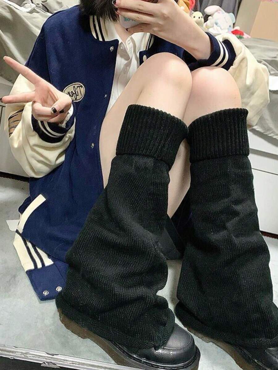 腿套 可爱腿套 Y2K 原宿腿套 女童女式辣妹可爱腿套 哥特洛丽塔配饰，秋冬 - 黑色 - 查看 1