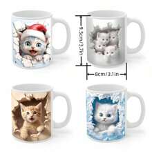 1 件 3D 猫咪咖啡杯，11 盎司白色陶瓷圣诞礼物咖啡杯，适合猫爱好者，创意空间设计马克杯，6 种款式可爱猫咪马克杯，适合男女儿童 - 彩色 - 查看 2