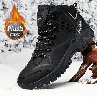Winter New High-Top Thick-Soled Men's Snow Boots, PU Leather Big Size Men's Boots, Outdoor Hiking Boots, Thermal Lined & Padded, Anti-Slip , Warm & Comfortable