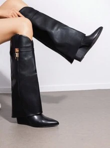 Women's Fold Over Pointed Toe Wedge Heels Knee High Boots  Fashion Padlock Buckle Party Gorgeous Style - màu đen - Xem 3
