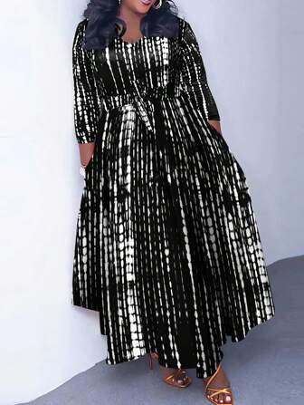 LovelyWholesale Plus Striped Print V Neck Dress For Holiday