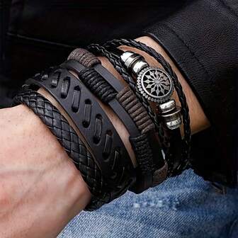 Set da 4 Bracciali alla moda vintage intrecciati in pelle, braccialetti da uomo come accessori regalo