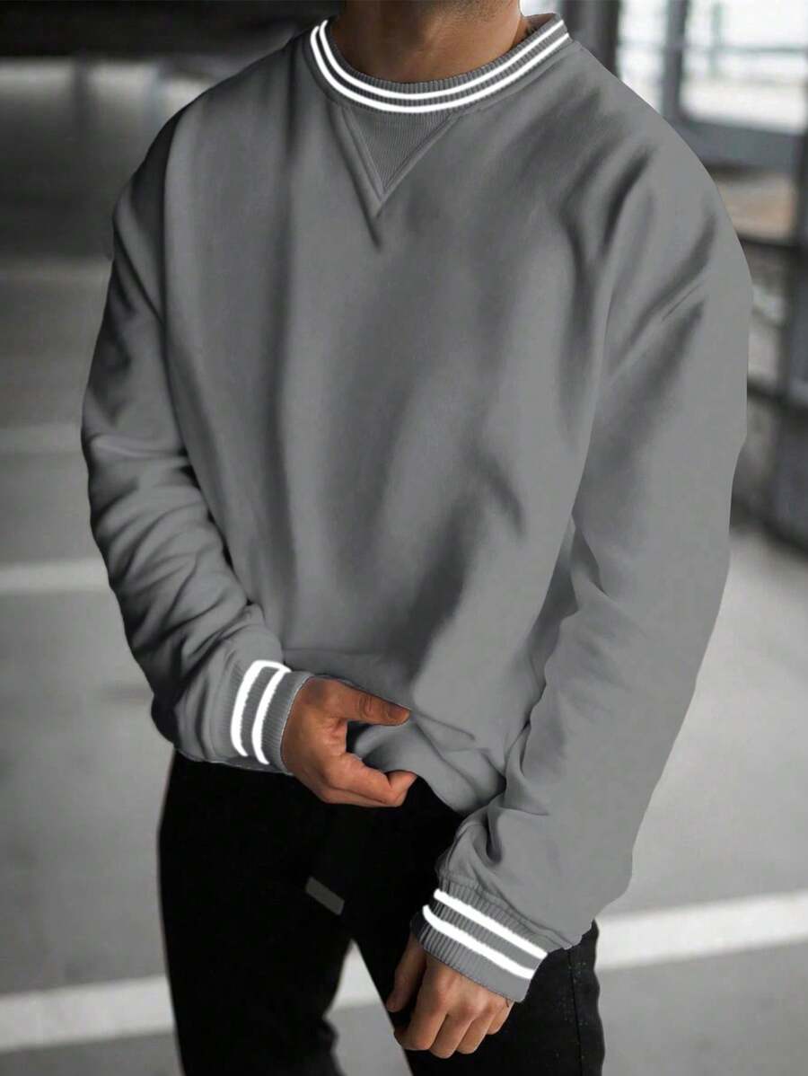 Men's Fashionable Striped Crew Neck Sweatshirt - Dark Grey - View 1