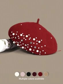 1顶纯色复古优雅奢华休闲羊毛水钻珍珠贝雷帽，秋冬时尚优雅刺绣艺术家帽，网眼南瓜帽