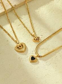 3pcs Stainless Steel Golden Yellow, Fashionable And Simple, Black Oil Drop Love, Hollow Love, Love Corner Necklace Set, Suitable For Daily Wear Or Gift Giving Valentines,Mom,Mother,Mother's Day,Gift