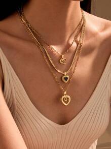 3pcs Stainless Steel Golden Yellow, Fashionable And Simple, Black Oil Drop Love, Hollow Love, Love Corner Necklace Set, Suitable For Daily Wear Or Gift Giving Valentines,Mom,Mother,Mother's Day,Gift