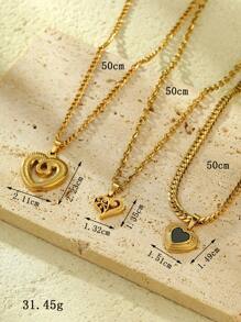 3pcs Stainless Steel Golden Yellow, Fashionable And Simple, Black Oil Drop Love, Hollow Love, Love Corner Necklace Set, Suitable For Daily Wear Or Gift Giving Valentines,Mom,Mother,Mother's Day,Gift