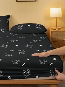 1pc Minimalist & Modern Cute Dog Geometric Pattern Print Washed Fitted Sheet, Bedroom Printed Bed Cover, Bedding Set (Pillow Case Not Included) - Multicolor - View 4