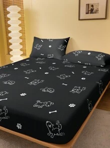1pc Minimalist & Modern Cute Dog Geometric Pattern Print Washed Fitted Sheet, Bedroom Printed Bed Cover, Bedding Set (Pillow Case Not Included) - Multicolor - View 3