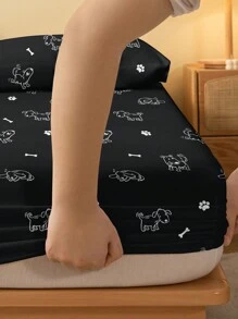 1pc Minimalist & Modern Cute Dog Geometric Pattern Print Washed Fitted Sheet, Bedroom Printed Bed Cover, Bedding Set (Pillow Case Not Included) - Multicolor - View 5