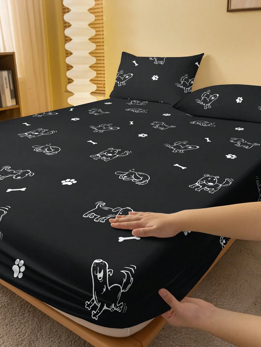 1pc Minimalist & Modern Cute Dog Geometric Pattern Print Washed Fitted Sheet, Bedroom Printed Bed Cover, Bedding Set (Pillow Case Not Included) - Multicolor - View 1