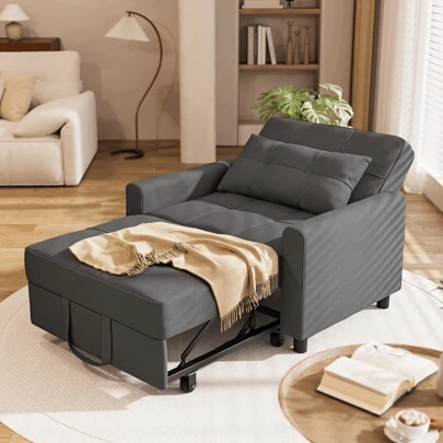 3 In 1 Adjustable Sleeper Sofa Chair Bed With Storage Pocket, Convertible Pull Out  Sleeper Bed , Adjustable Backrest ,Modern Soft Fabric Muebles Para Sala Furniture For Living Room ,BedroomApartment,Office,Dark  Grey