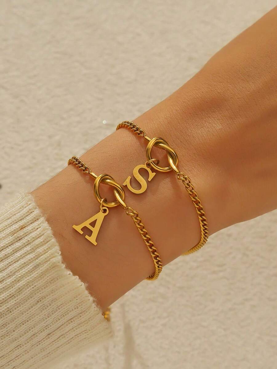 1 件时尚优雅风女士 26 字母吊坠 DIY 爱心结手链 - 金色 - 查看 1