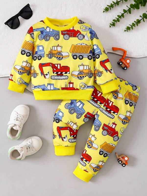 Baby Boy 2pcs Spring Autumn Kids Cartoon Car Print Sweatshirt & Pants Casual Outfit Set