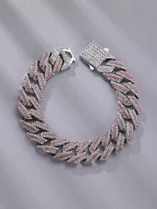 CVNANA 1 pieza Elegante y de moda Collar y pulsera con  de hielo bicolor con diamante artificial, cadena rosa unisex, joyería de estilo hip-hop con 3 filas de rhinestone incrustadas, obsequio - A - Ver 6