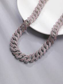 CVNANA 1 pieza Elegante y de moda Collar y pulsera con  de hielo bicolor con diamante artificial, cadena rosa unisex, joyería de estilo hip-hop con 3 filas de rhinestone incrustadas, obsequio - A - Ver 4