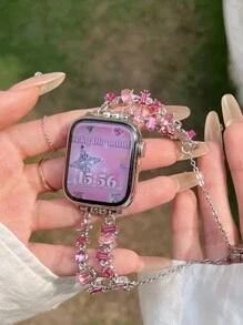 1pc Fashionable Rhinestone Apple Watchstrap Diamond Band, Women's Pink Metal Exquisite Love Pendant Beaded Bracelet With Rhinestones, Ruby Apple Watchband Bracelet With European And American Style, Heart-Shaped Pendant, Compatible With Apple WatchBand 40/41/42/44/45/38/49mm,Ultra2/1 Applies To AppleWatch Se Series 9/8/7/6/5/4/3/2/1series.Compatible With Apple Watch Bracelet.