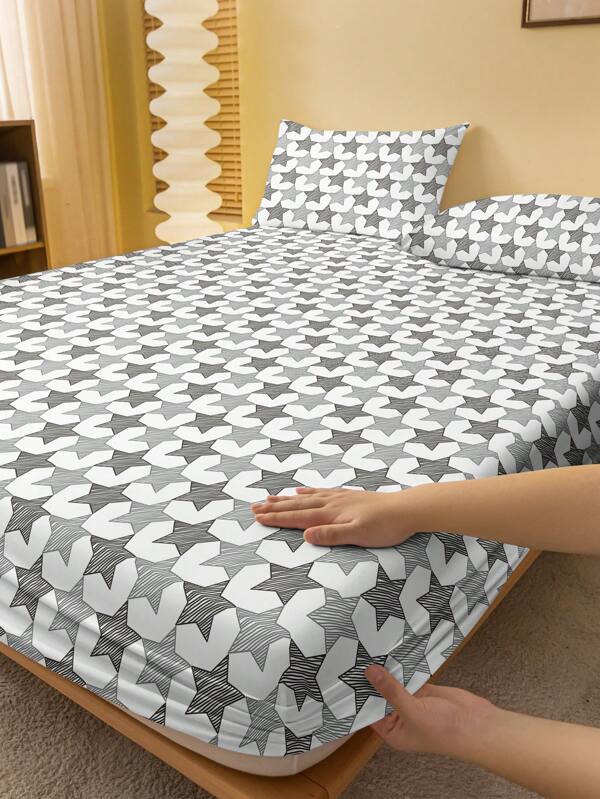 1 pieza Sábana ajustada con estampado geométrico en forma de V gris y blanco, funda de edredón estampada para dormitorio, ropa de cama (Funda de almohada no incluida)