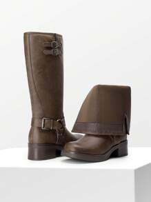 女式摩托车靴侧拉链及膝高筒靴方头粗跟扣装饰机车骑士时尚马靴万圣节女装棕色靴子 - 棕色 - 查看 7