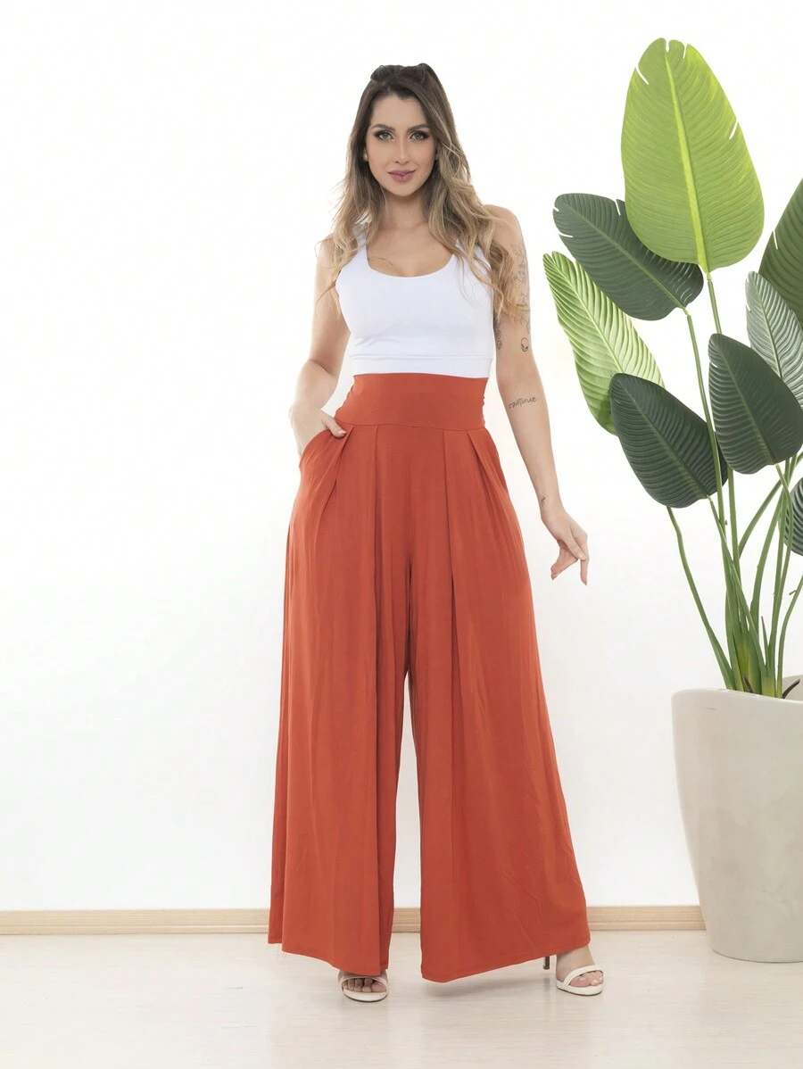 Wide-Leg Loose-Fitting Palazzo Pants In Viscose Fabric, Wide Waistband, High Waist, Pleats - Burnt Orange - View 1