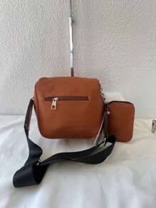 Women's Bag Kit With A Coin Purse Crossbody Bag Large Stylish Modern Blogger With Wide Strap In Pure Black - Brown - View 3