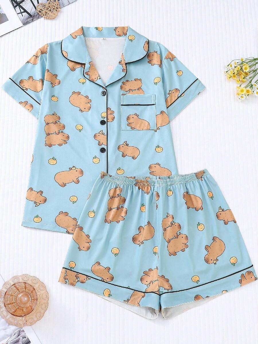 2pcs Cute Capybara Printed Ladies Lounge Wear Set, Short Sleeve Lapel Collar Top And Elastic Waist Shorts, Casual Pajamas And Homewear For Women, All Season, Two Pieces Set, Cool Light Blue