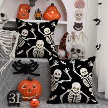 2件装万圣节枕套万圣节快乐白色骷髅装饰枕套万圣节快乐沙发床户外车饰单面无枕芯 - 黑與白 - 查看 5