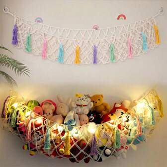 1pc Large Bohemian Stuffed Animal Net Or Hammock, Toy Hammock, Stuffed Animal Storage Corner Hanging Net Rack, Net Hammock Plush Toy Hanging Storage With Hooks For Bedroom (Without LED Light)
