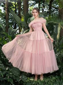 Váy dạ hội ống xếp nếp thanh lịch bằng vải tuyn, váy dự tiệc cưới bán trang trọng, dự tiệc sinh nhật, tốt nghiệp - Hồng - Xem 2