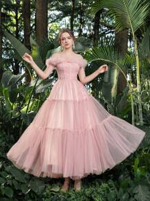 Váy dạ hội ống xếp nếp thanh lịch bằng vải tuyn, váy dự tiệc cưới bán trang trọng, dự tiệc sinh nhật, tốt nghiệp - Hồng - Xem 8