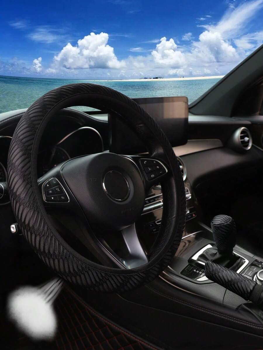 MEIKAXIU 3pcs Breathable 3D Grid Mesh Car Steering Wheel Cover, Gear Shift Cover, Handbrake Cover, Fits 14.5-15 Inch, Car Accessories For Women