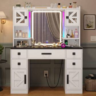 Vanity Table With Storage Drawers, Makeup Desk With Charging Station And LED Lighted Mirror, White