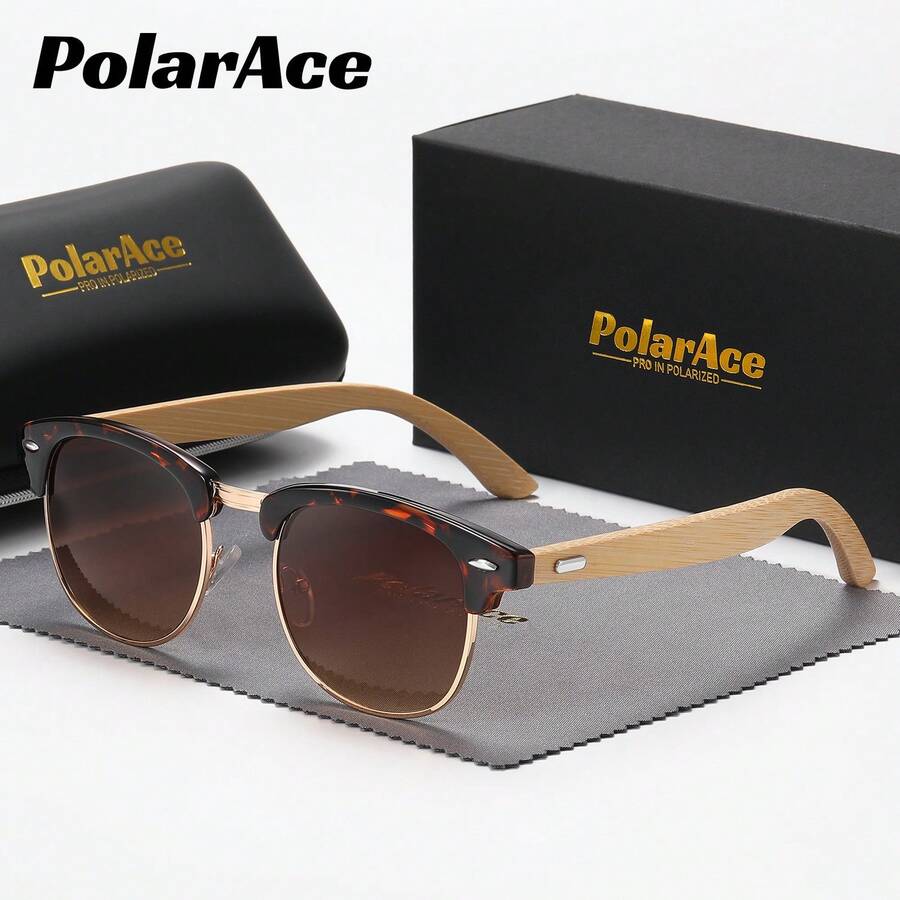 PolarAce 男女通用竹制金属半框时尚眼镜 潮流时尚眼镜 沙滩配饰 眼镜墨镜 - 茶 - 查看 1