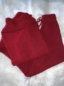 Set Of Pants And High Neck Cacharrel Mousse Knitting Tricot Blouse - Màu Đỏ Sâu - Xem 3
