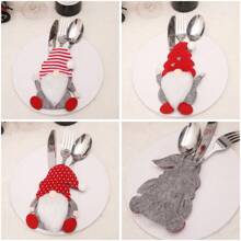 1/3/6 piezas Juego de cuchillo y tenedor con muñeco sin cara de dibujos animados, decoración navideña para mesa de comedor, decoración de cocina creativa 3D, bolsa para cubiertos, Navidad