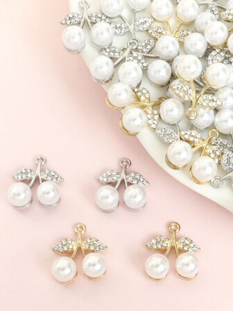 10pcs Summer Popular Cherry Styling Charms With Sparkling Rhinestones & Faux Pearls Inlay Versatile Elegant Necklace Earrings And More Chain Jewelry DIY Sweet Cute Fruit Pendants - Ideal For Everyday Wear, Thoughtful Gift Idea For Friends And Loved Ones