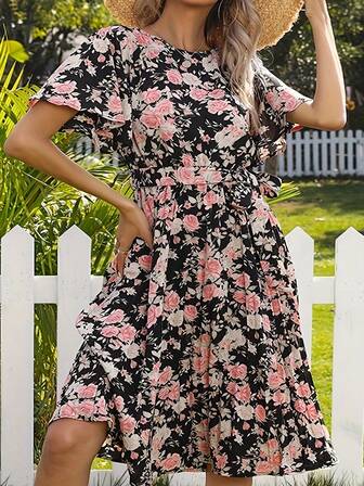Plus Size Women Floral Print Falbana Kołnierz Casualowa Sukienka Ołówkowa Na Wakacje