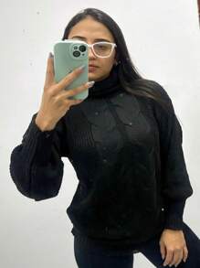 Elegance High Neck Blouse Produced In Fang Knitting With Puffed Sleeves - màu đen - Xem 3